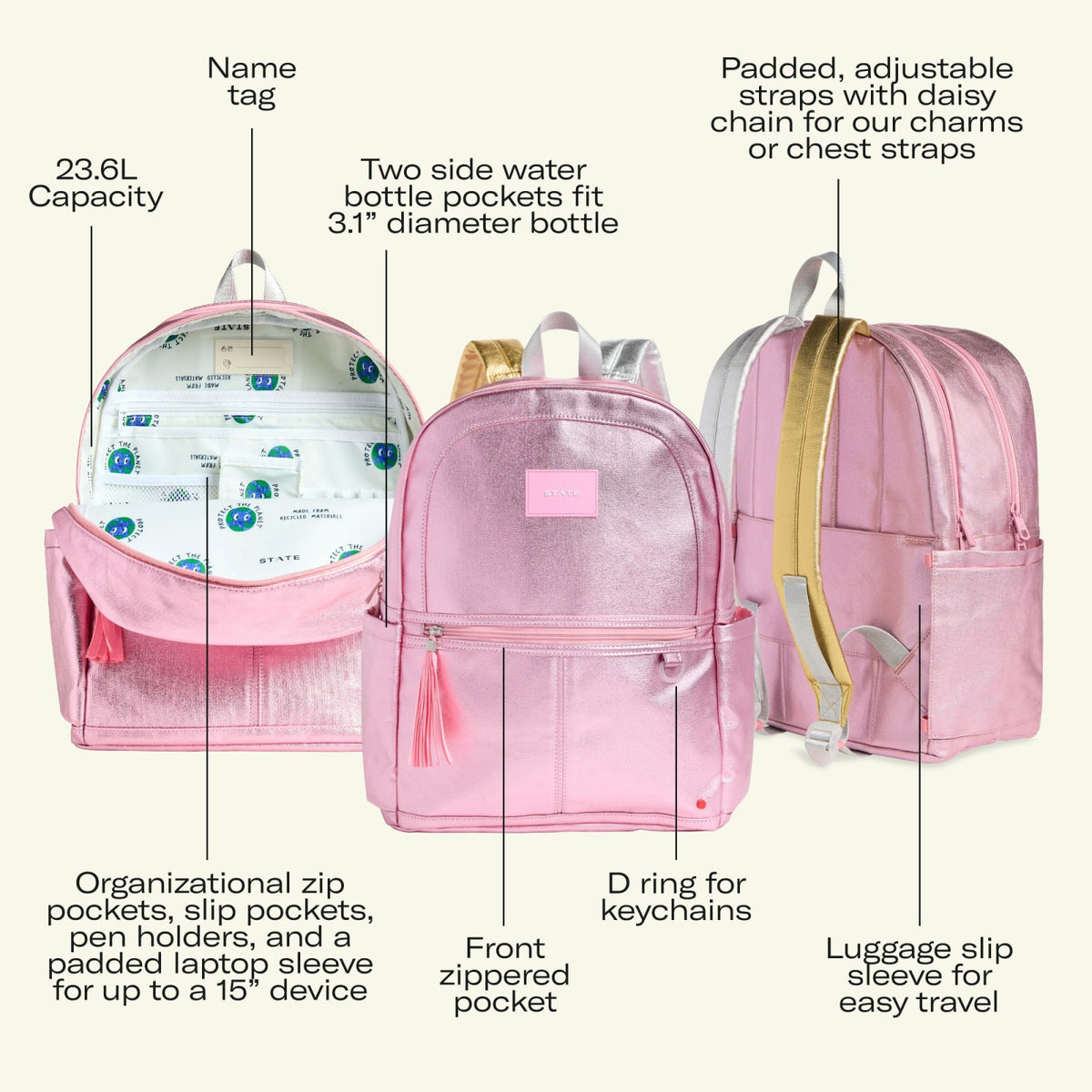 State Bags Kane Double Pocket Backpack Metallic 3D Stars