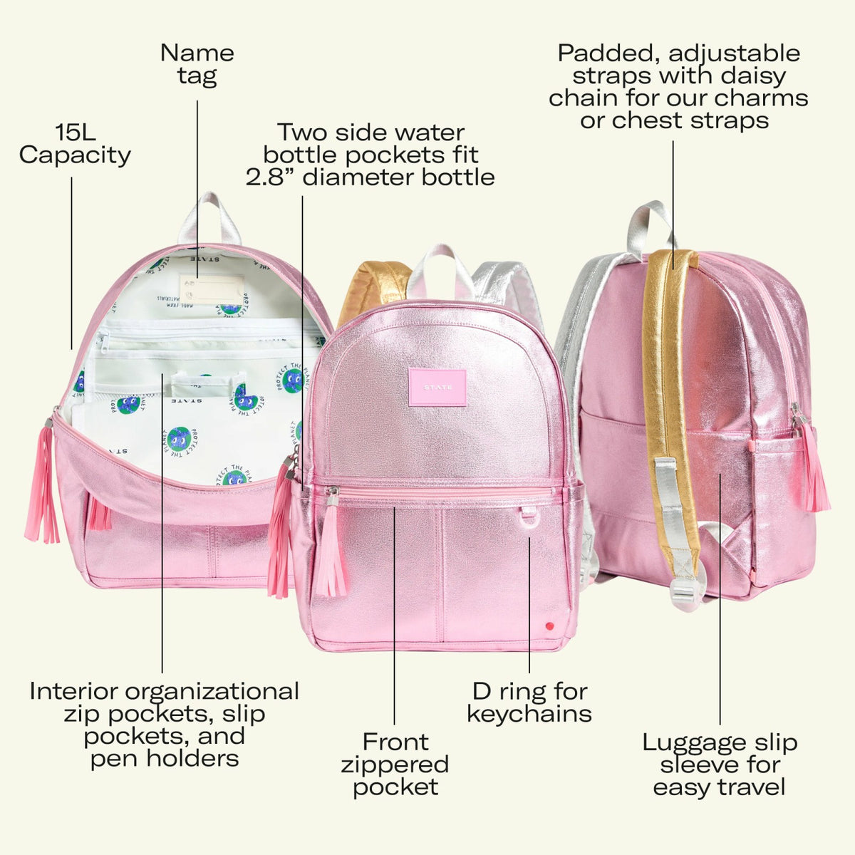 State Bags Kane Kids Travel Backpack Metallic 3D Hearts